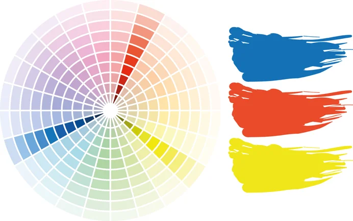Nuancier comportant trois traits de pinceau en bleu, rouge et jaune permettant de choisir les teintes adaptées aux projets de bricolage.