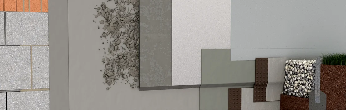 Schematische Darstellung von Fassadend&auml;mmungsschichten mit Baumaterialien f&uuml;r Renovierung und Energiesparl&ouml;sungen.
