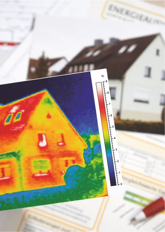 Thermographie d’une maison dans le cadre d’un bilan énergétique, afin de détecter les déperditions thermiques et de planifier des mesures de rénovation.