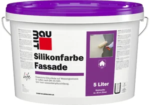 Image du produit : La peinture au silicone pour façade Baumit est disponible en blanc en seau de 5 litres.