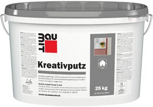 L'enduit créatif Baumit d'une granulométrie de 3 mm est disponible en seau de 25 kg en blanc.