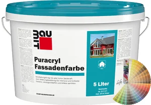 Produktbild: Baumit Puracryl Fassadenfarbe im 5 Liter Eimer mit Baumit Farbfächer.