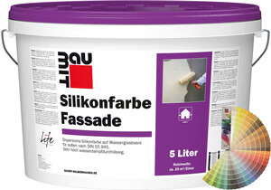 Produktbild: Baumit Silikonfarbe Fassade im 5 Liter Eimer mit Baumit Farbfächer.