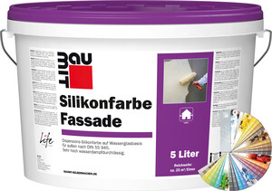 Die Baumit Silikonfarbe Fassade ist farbig im 5 l Eimer erhältlich.