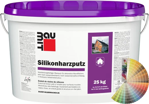 L'enduit à base de résine silicone Baumit est disponible en blanc ou en couleur.