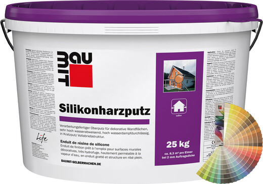 L'enduit à base de résine silicone Baumit est disponible en blanc ou en couleur.