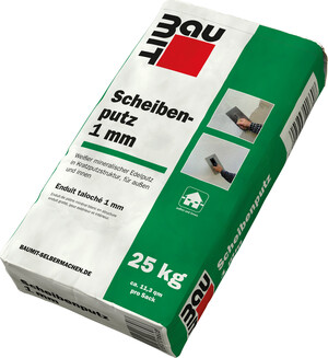 Der Baumit Scheibenputz mit 1 mm Körnung ist im 25 kg Sack in Weiß  erhältlich.