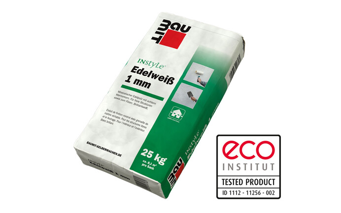 Produktbild Baumit "InStyle Edelweiß": Brillantweißer, wohngesunder Edelputz Baumit InStyle Edelweiß in 1 mm Körnung für feine Putzstrukturen, gefilzt, frei modelliert.