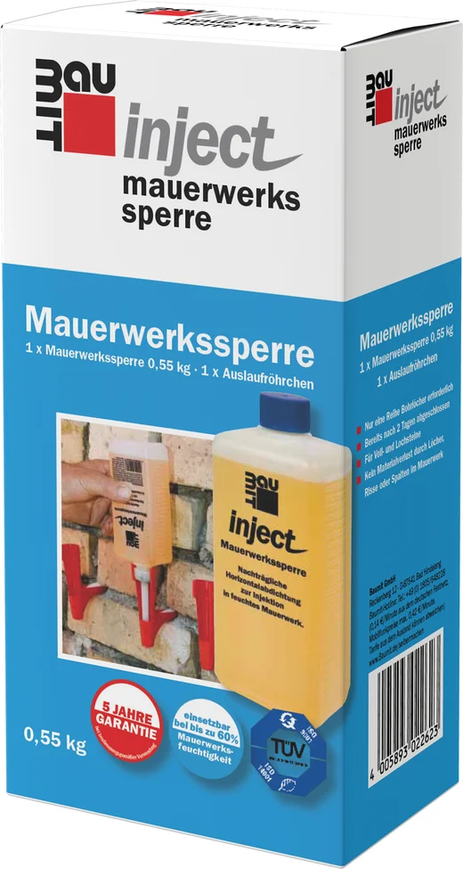 Verpackung der Baumit Inject Mauerwerkssperre, ideal zur Abdichtung und Sanierung feuchter Wände im Heimwerkerbereich.