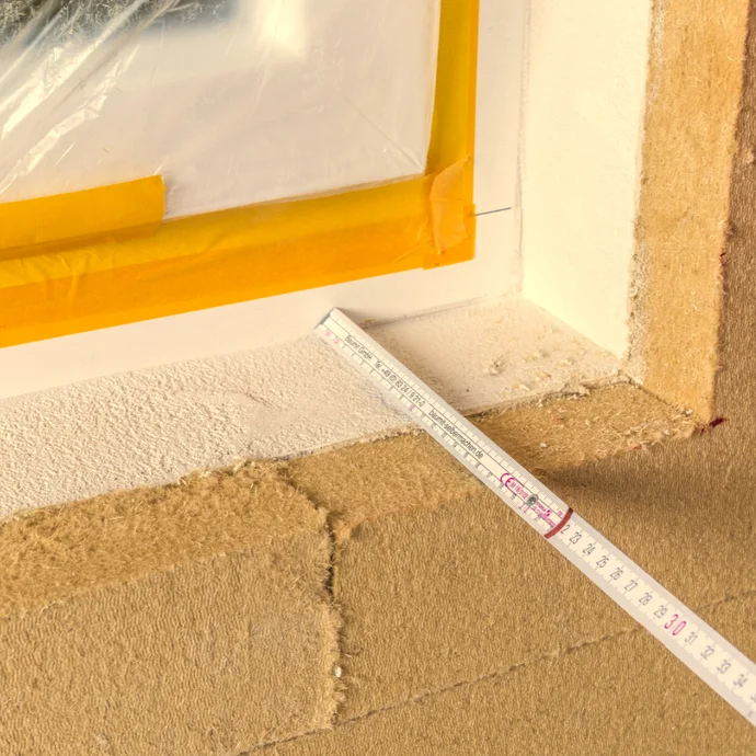 Cadres de fenêtres préparés avec un film de protection et du ruban de masquage, préparation pour les travaux de crépissage avec un enduit de base beige-blanc.