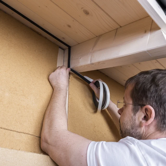 Heimwerker bringt Dichtungsband an Holzelementen an, um Schall- und Wärmedämmung zu optimieren.