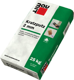 L'enduit gratté Baumit d'une granulométrie de 2 mm est disponible en sac de 25 kg en blanc.