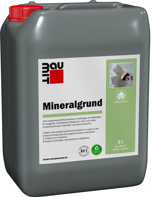 Baumit Mineralgrund 5L, für grundierfähige Untergründe innen und außen, verbessert Haftung und Deckkraft von Putzen und Farben.