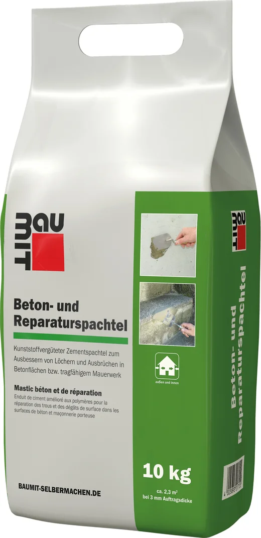 Beton- und Reparaturspachtel von Baumit, ideal zum Ausbessern von Löchern und Rissen bei Betonflächen, 10 kg Beutel.