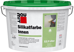 Die Baumit Silikatfarbe Innen ist in Weiß im 12,5 l Kunststoffeimer erhältlich.