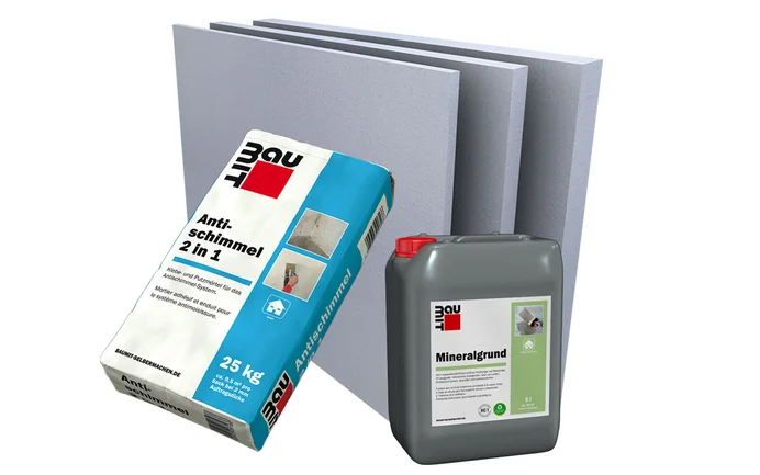 Die Grundkomponenten des Antischimmel Systems von Baumit sind die Calciumsilikatplatte, Antischimmel 2 in 1 Putz und der Mineralgrund als Grundierung.