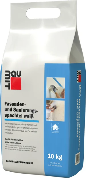 L'enduit pour façades et rénovation blanc Baumit est disponible en sac en film plastique de 10 kg.iß