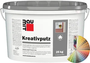 L'enduit créatif Baumit d'une granulométrie de 3 mm est disponible en seau de 25 kg en couleur.