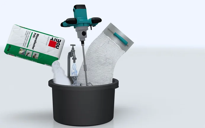 Mörtelkübel, Wasser, mineralischer Putz und Kelle