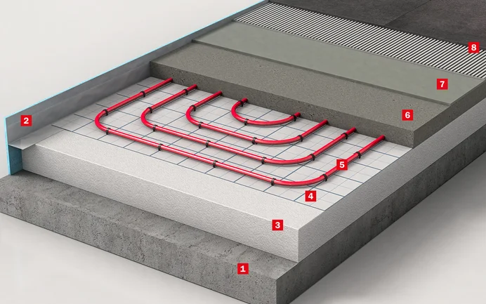 Le schéma de construction montre les différentes couches lors de la pose d'une chape chauffante.