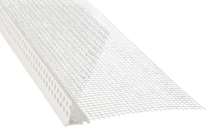 Weißes Eckprofil mit integriertem Gewebe für präzise Putzarbeiten an Außenecken. Ideal für Heimwerkerprojekte.