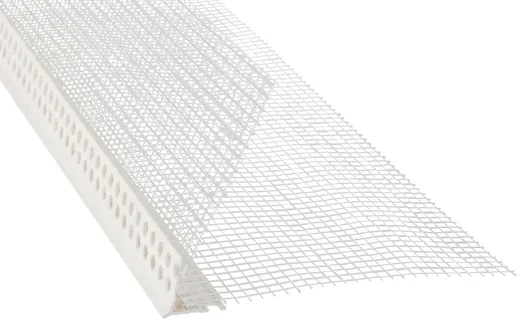 Profilé d'angle blanc avec treillis intégré pour des travaux de crépissage précis au niveau des angles extérieurs. Idéal pour les projets de bricolage.