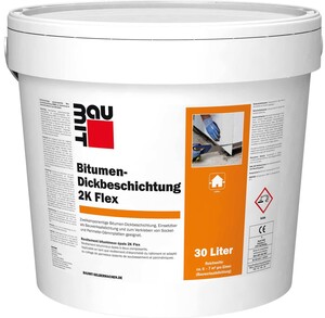 Die Baumit Bitumen-Dickbeschichtung 2K Flex ist im 30 l Hobbock erhältlich.