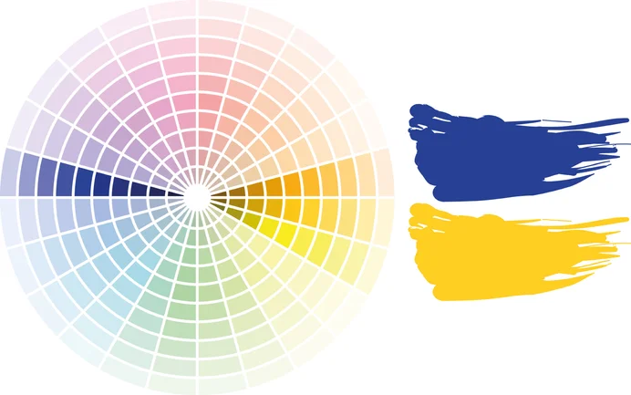 Palette de couleurs comprenant des nuances de bleu et de jaune pour le choix des teintes de façade dans le cadre de projets de construction créatifs avec Baumit.