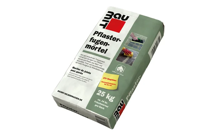 Pflasterfugenmörtel von Baumit im 25-kg-Sack, ideal für Heimwerkerprojekte im Außenbereich und robuste Pflasterfugen.