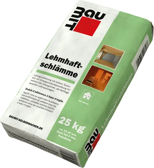 Packung Baumit Lehmhaftschlämme 25 kg für Innenwände, atmungsaktive, ökologische Renovierung mit Lehmbasis, leicht zu verarbeiten.
