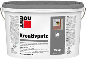L'enduit créatif Baumit d'une granulométrie de 4 mm est disponible en seau de 25 kg en blanc.