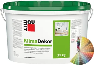 Le Baumit KlimaDekor avec une granulation de 2 mm est disponible en seau de 25 kg dans des teintes pastel.