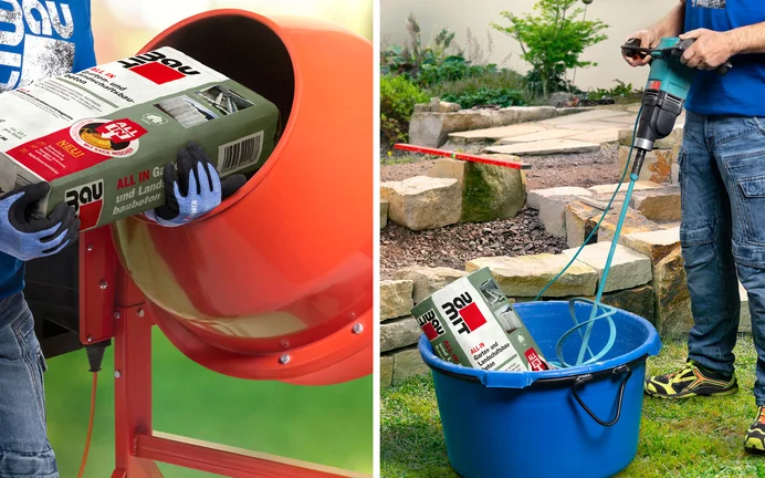 Heimwerker mischt Beton mit Baumit-Produkten: Anleitung zum Selbermachen von Beton für Gartenprojekte.