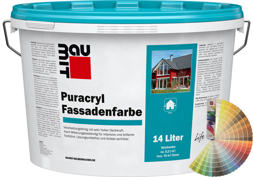 Produktbild: Baumit Puracryl Fassadenfarbe im 14 Liter Eimer mit Baumit Farbfächer.