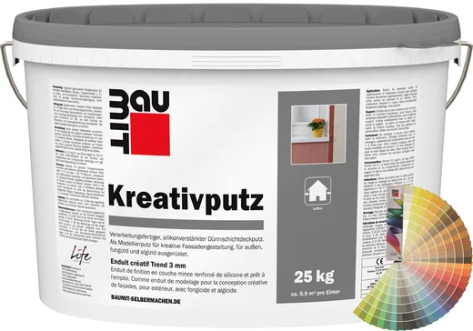 Der Baumit Kreativputz ist im 25 kg Eimer verarbeitungsfertig erhältlich.