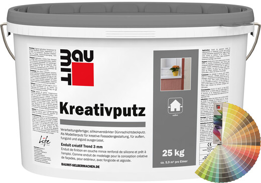 Der Baumit Kreativputz ist im 25 kg Eimer verarbeitungsfertig erhältlich.