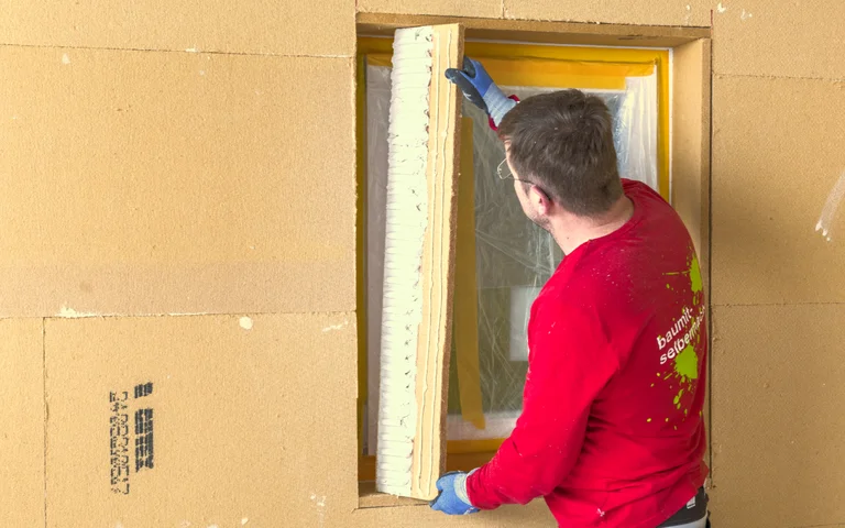 Mann montiert Dämmstoffplatte um ein Fenster für bessere Wärmedämmung.