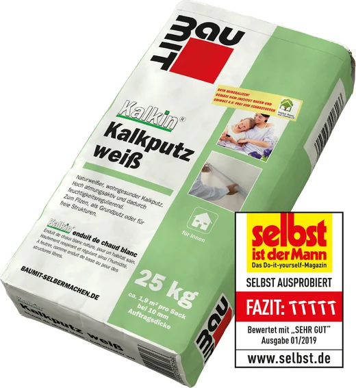 Enduit à la chaux Baumit blanc 25 kg : enduit à la chaux de haute qualité, sain pour l’habitat, facile à appliquer pour les bricoleurs, pour des murs lisses et résistants.