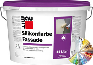 Die Baumit Silikonfarbe Fassade ist farbig im 14 l Eimer erhältlich.