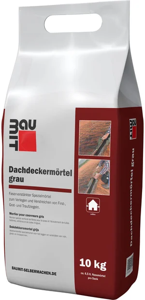 Le mortier pour couvreurs gris Baumit est disponible en sac en film plastique de 10 kg.