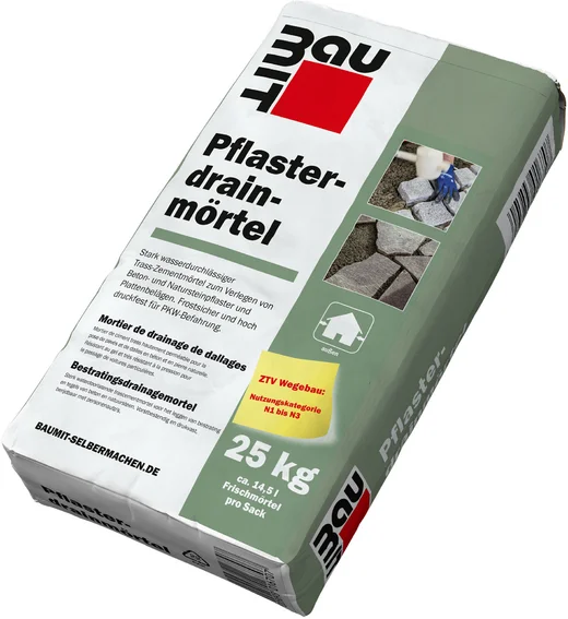 Der Baumit Pflasterdrainmörtel ist im 25 kg Papiersack erhältlich.
