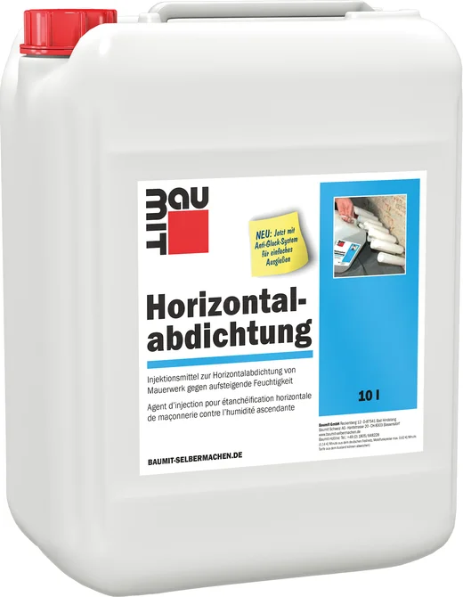 Kanister mit Baumit Horizontalabdichtung zur Mauerwerkssicherung gegen aufsteigende Feuchtigkeit, 10 Liter.