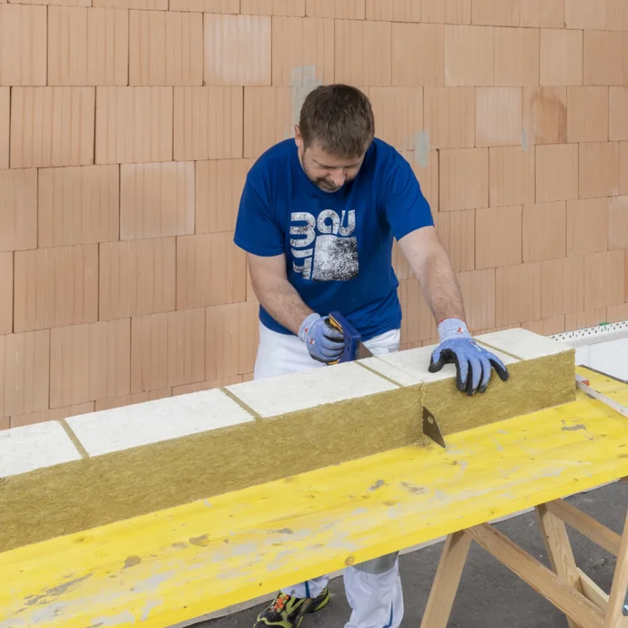 Un homme pose un isolant sur un mur ; instructions pratiques d’isolation pour les bricoleurs sur Baumit-à-faire-soi-même.de.