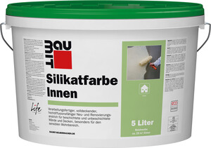 La peinture intérieure au silicate Baumit est disponible en blanc dans un seau en plastique de 5 litres.