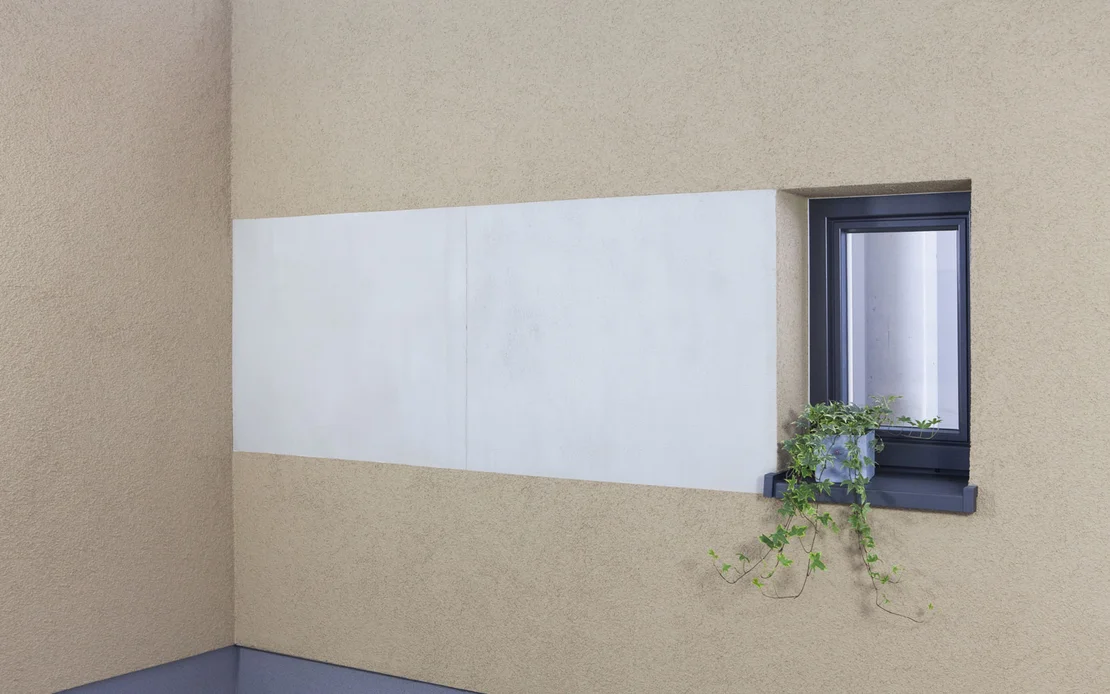 Moderne beigefarbene Fassadenfl&auml;che mit aufgetragener Betonoptik als Akzent neben dem anthrazitfarbenem Fenster mit gr&uuml;ner Kletterpflanze. auf dem Fensterbrett.