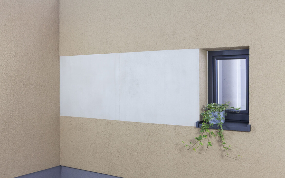 Moderne beigefarbene Fassadenfl&auml;che mit aufgetragener Betonoptik als Akzent neben dem anthrazitfarbenem Fenster mit gr&uuml;ner Kletterpflanze. auf dem Fensterbrett.