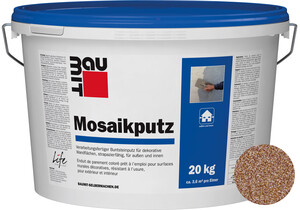 Le crépi mosaïque : teinte M 312 Cook est desponible en seau de 20 kg.