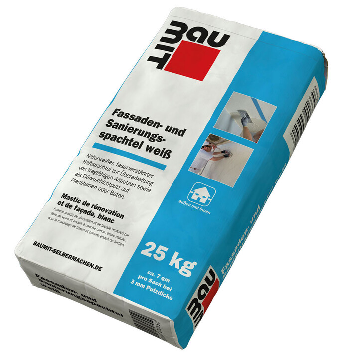 Produktbild: Baumit Fassaden- und Sanierungsspachtel weiß im 25 kg Sack auf weißem Hintergrund.