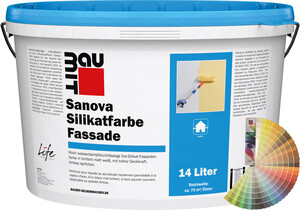 !Produktbild: Baumit Sanova Silikatfarbe Fassade im 14 Liter Eimer mit Baumit Farbfächer.!