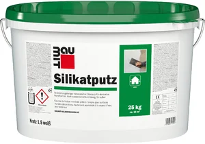 L'enduit au silicate Baumit d'une granulométrie de 1,5 mm est disponible en seau de 25 kg en blanc.